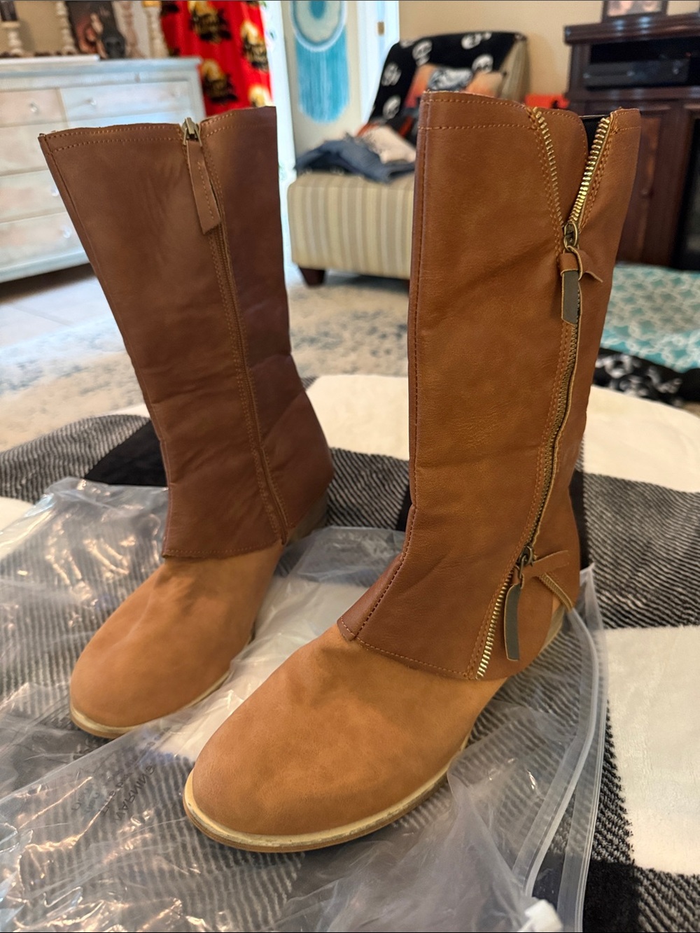 Women's Distressed Zip Rustic Brown Riding Boots - Picture 3 of 16